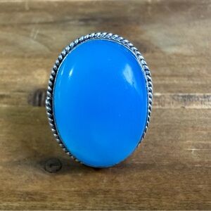 Vintage Style Genuine Blue Chalcedony Gemstone 925 Silver Ring Size 7 Plated